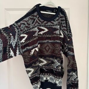 Expressions Men's Navy and Burgundy Patterned Crewneck Sweater